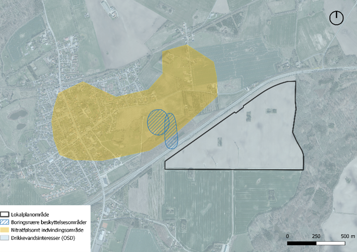 Planområdets beliggenhed i forhold til grundvandsinteresser. Hele området ligger i område med særlige drikkevandsinteresser (OSD).