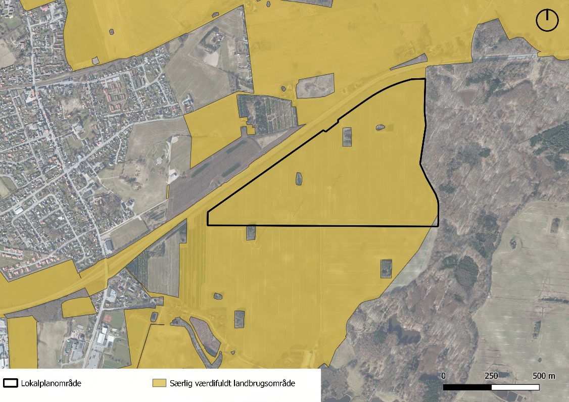 Planområdets beliggenhed i forhold til udpeget værdifulde landbrugsarealer.