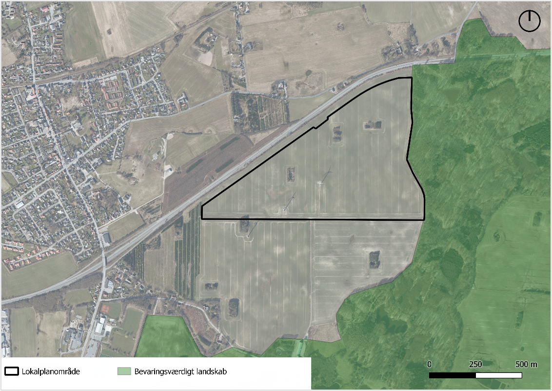 Planområdets beliggenhed i forhold til udpeget bevaringsværdigt landskab.