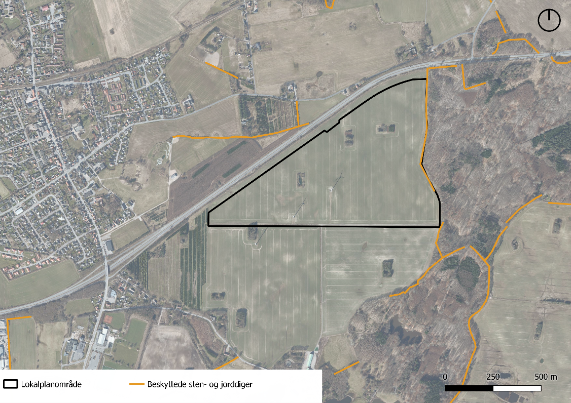 Beskyttede diger i området omkring lokalplanområdet.